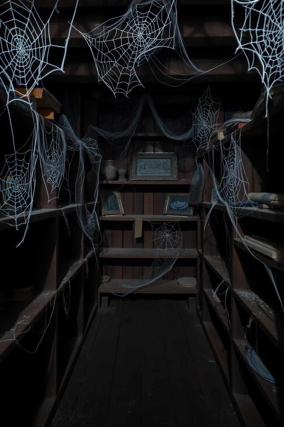 A spooky attic filled with dusty shelves adorned with intricate spider webs. Shadows dance across the room, creating an eerie atmosphere perfect for Halloween decorations.