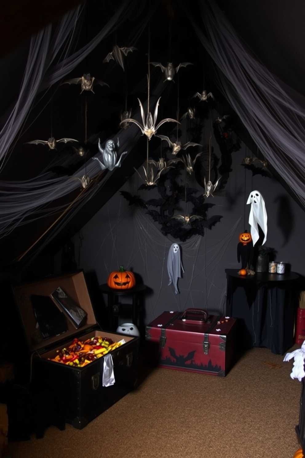 A spooky attic setting perfect for Halloween. Bats are suspended from the ceiling, creating an eerie atmosphere that sets the tone for the festive season. The walls are adorned with cobwebs and ghostly decorations. Dim lighting enhances the haunting vibe, while a vintage trunk filled with Halloween treats sits in one corner.