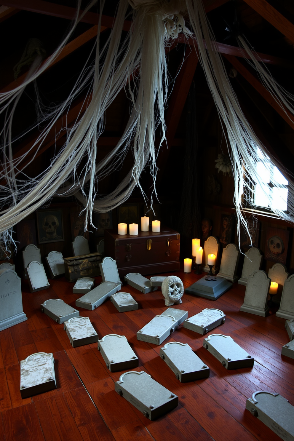 A whimsical Halloween attic setting filled with faux tombstones scattered across the wooden floor. Cobwebs drape from the ceiling beams, and a vintage trunk sits in the corner surrounded by flickering candles.
