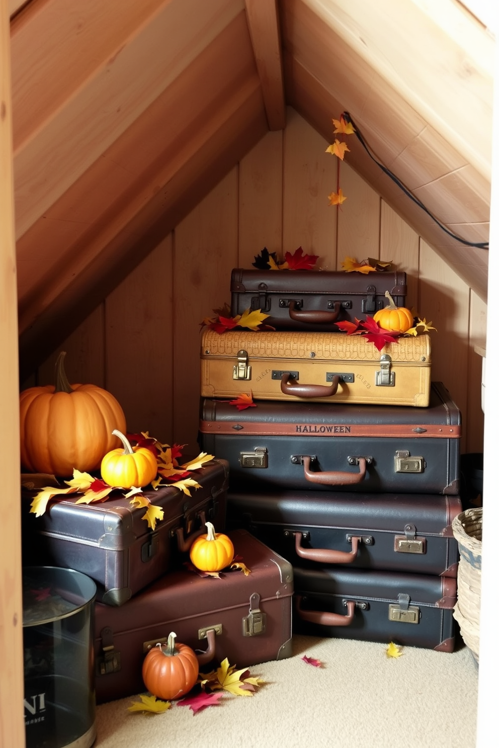 A cozy attic space decorated for Halloween. Vintage suitcases are stacked creatively in one corner, adorned with autumn leaves and small pumpkins.