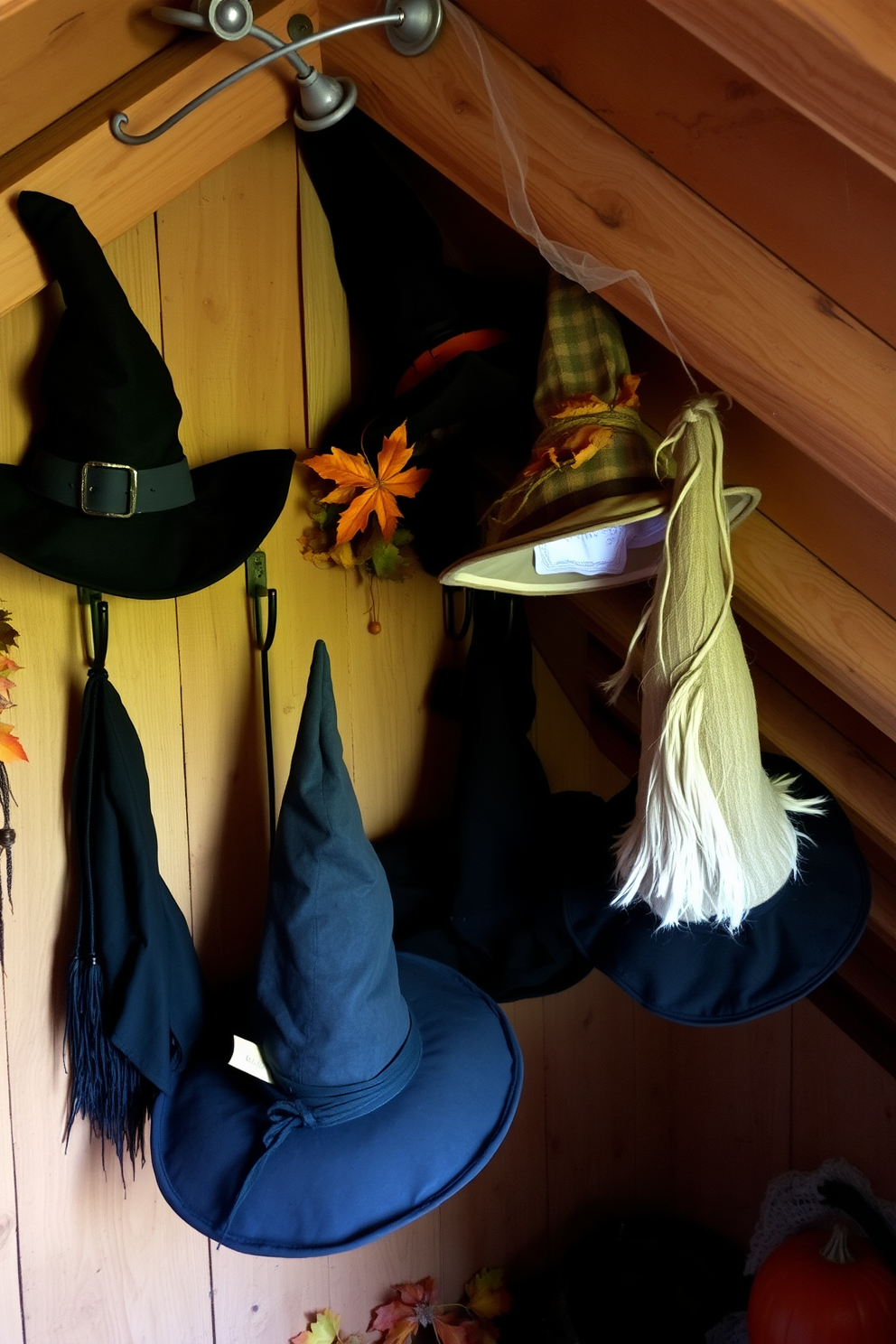 Witch hats of various styles and colors hang from rustic wooden hooks in a cozy attic space. The walls are adorned with cobwebs and autumn leaves, creating a festive Halloween atmosphere.