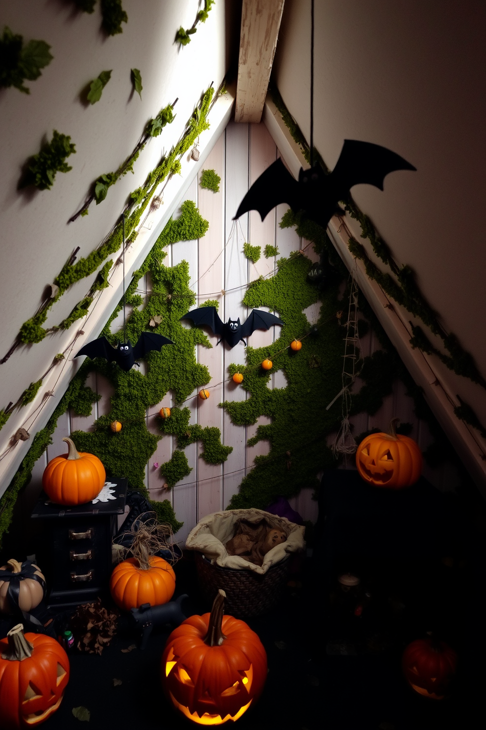 A cozy attic space decorated for Halloween. The walls are adorned with moss and leaves, creating a natural touch, while spooky decorations like hanging bats and carved pumpkins add to the festive atmosphere.