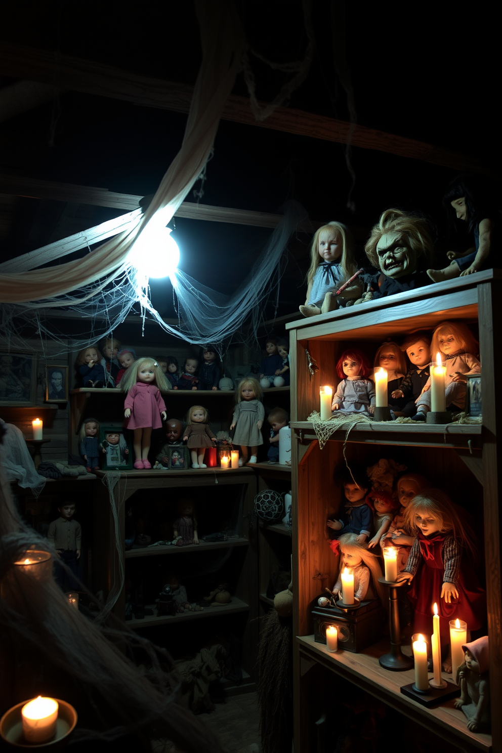 Creepy dolls are positioned on various shelves throughout a dimly lit attic. The atmosphere is enhanced by cobwebs and flickering candlelight, creating an eerie yet intriguing display. The shelves are filled with an assortment of vintage dolls, each with a unique expression and attire. Dark, rich colors dominate the decor, with rustic wooden beams and shadowy corners adding to the Halloween theme.