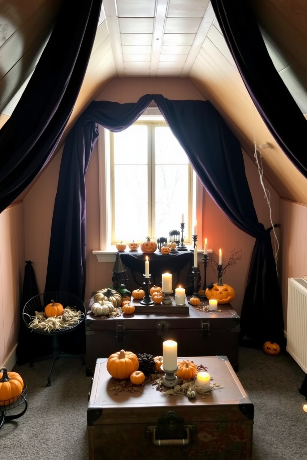 A cozy attic space adorned with dark velvet drapes that cascade elegantly from the ceiling. The drapes frame a window that lets in soft, ambient light, enhancing the mysterious atmosphere of the Halloween decor. The attic features whimsical Halloween decorations such as carved pumpkins and cobwebs artfully arranged around the room. A vintage trunk serves as a coffee table, topped with spooky candles and autumn-themed accents.