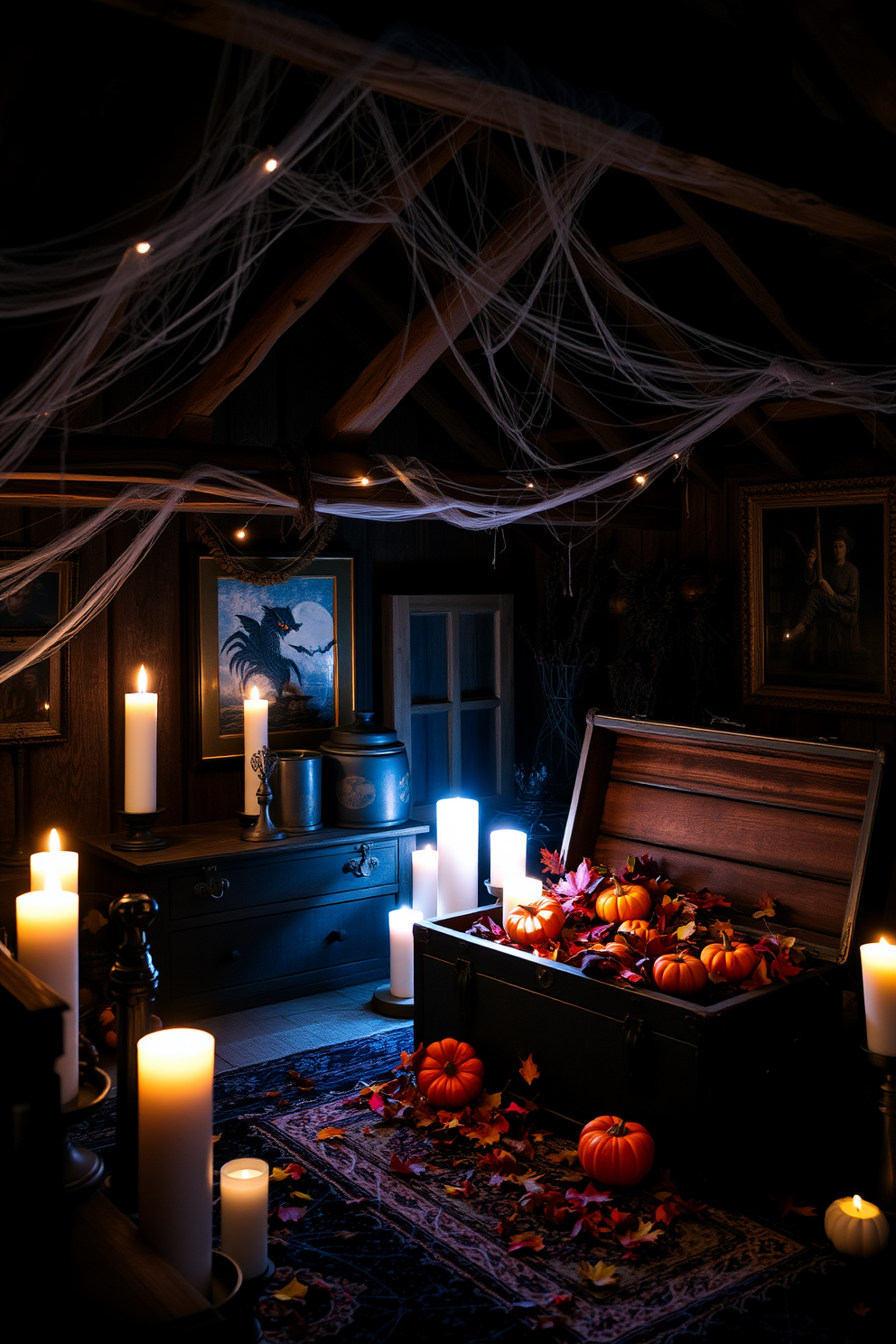 A cozy Halloween attic setting featuring faux candles with glowing lights scattered throughout the space. The dimly lit room is adorned with cobwebs and rustic wooden beams, creating an inviting yet spooky atmosphere. In one corner, a vintage trunk is filled with autumn leaves and small pumpkins, adding a seasonal touch. The walls are decorated with eerie artwork and hanging bats, enhancing the Halloween theme.