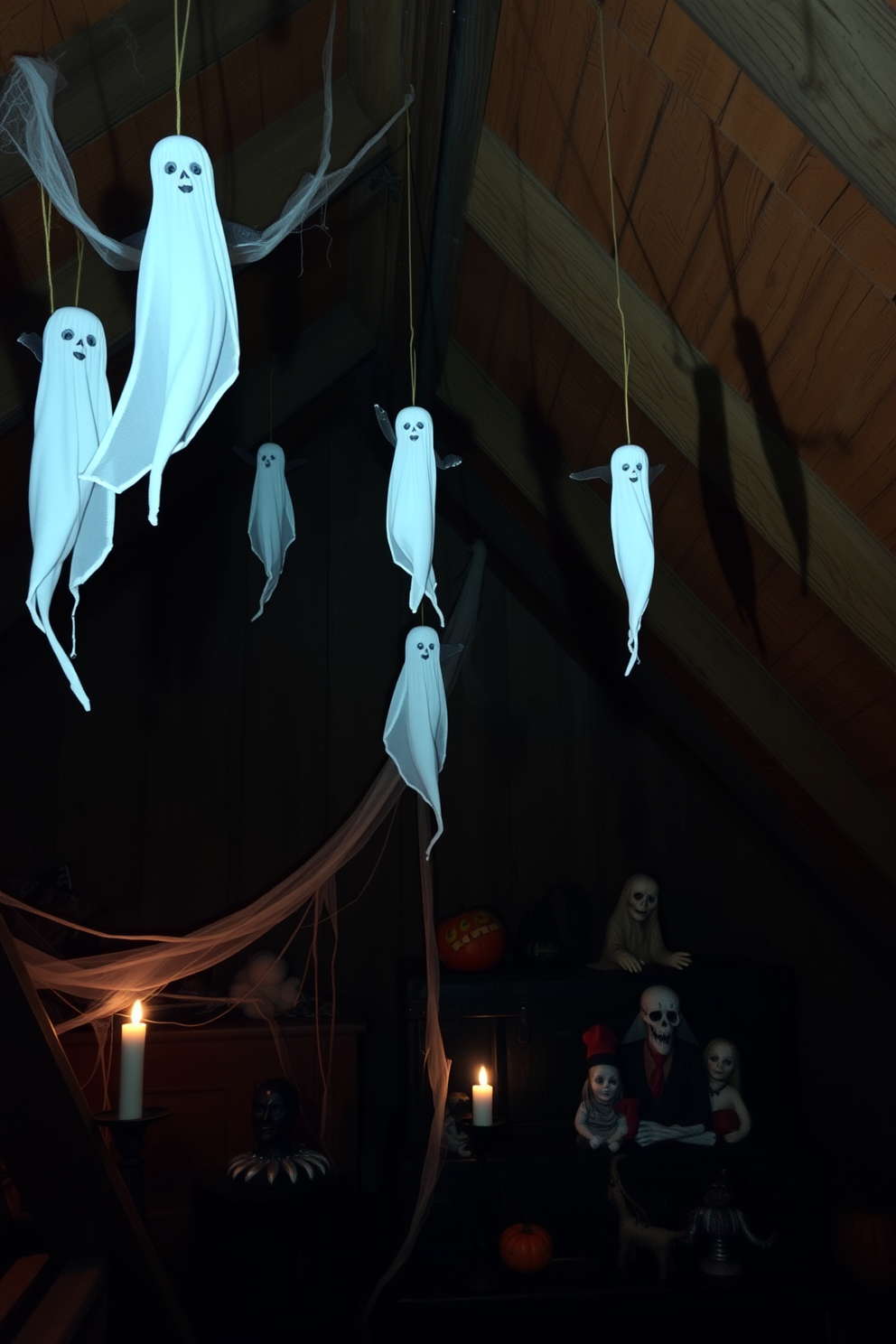 Hanging ghost figures dangle from the corners of a dimly lit attic, casting eerie shadows on the wooden beams. The atmosphere is enhanced by cobwebs draping over vintage trunks and a flickering candle illuminating a collection of spooky decorations.