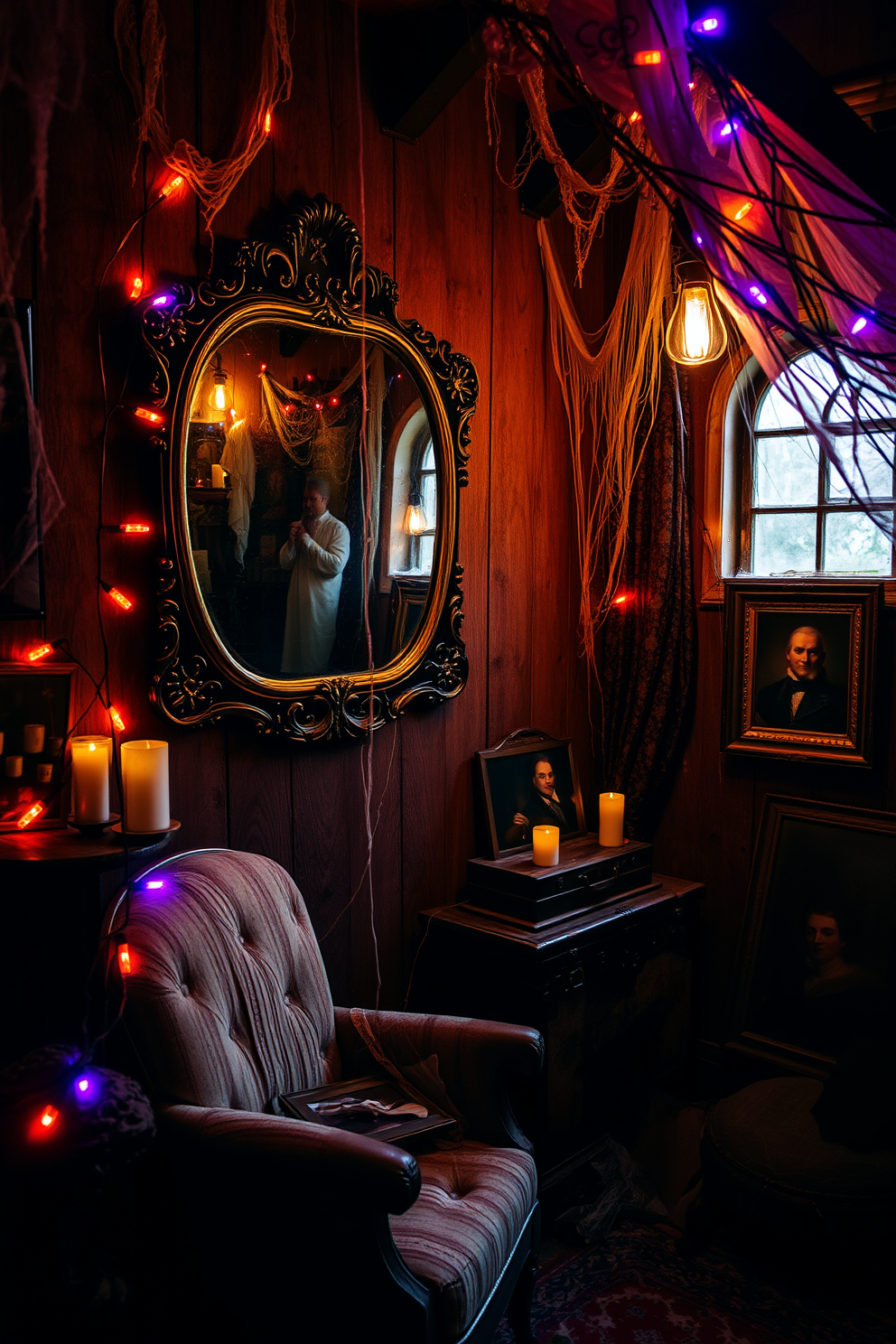 A haunted mirror hangs on the wall, its surface shimmering with an eerie glow as it reflects spooky images of ghostly figures and shadowy apparitions. The dimly lit attic is adorned with cobwebs, vintage trunks, and flickering candles, creating a chilling atmosphere perfect for Halloween. In one corner, a tattered armchair sits beneath a dusty window, while a collection of old portraits with eyes that seem to follow you adds to the unsettling vibe. Strands of orange and purple lights are draped around the room, casting an otherworldly glow on the haunting decorations.