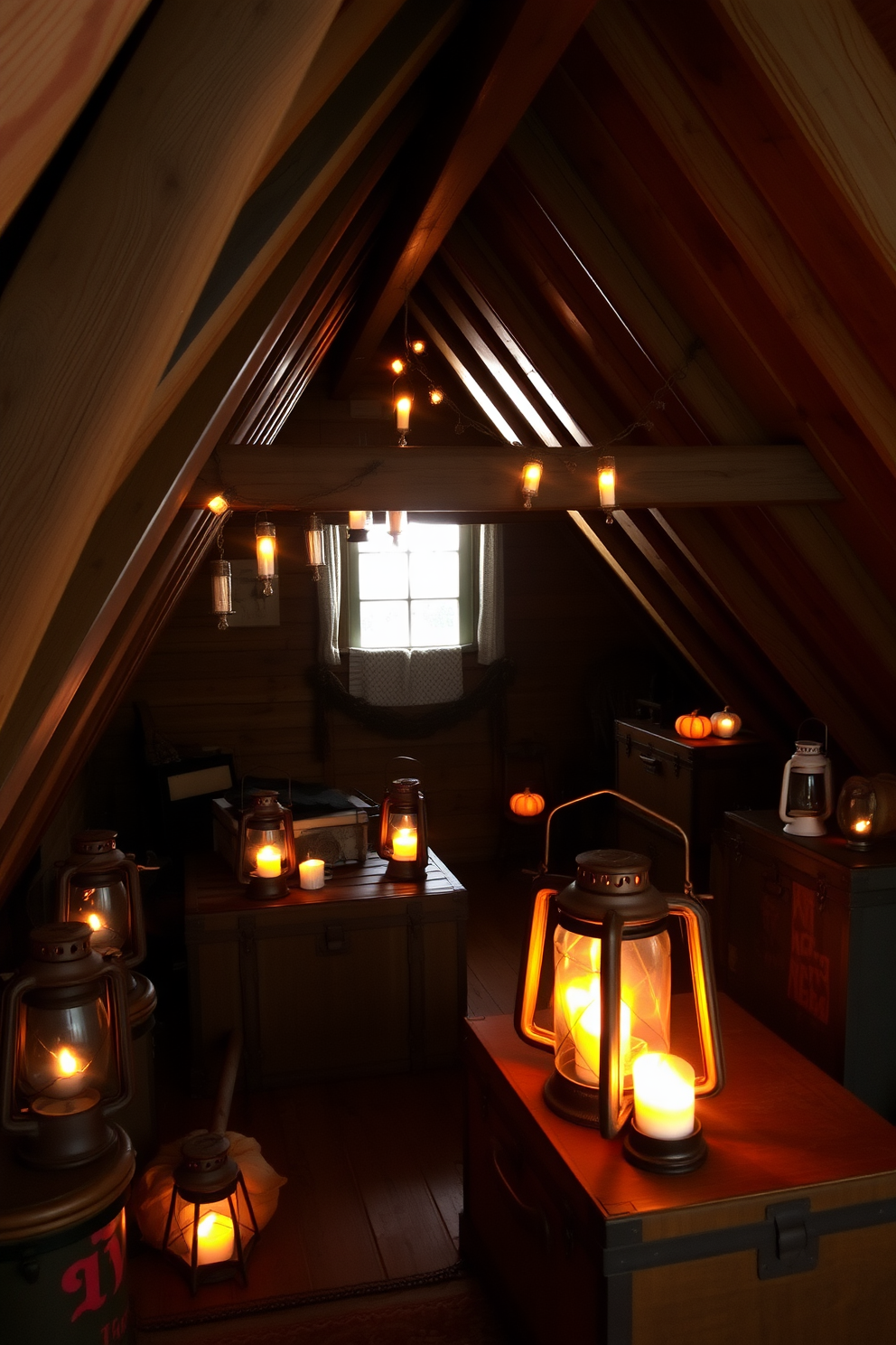 A cozy attic space decorated for Halloween features rusty lanterns scattered throughout. The warm glow from the lanterns casts soft shadows on the wooden beams and vintage trunks, creating an inviting old-time atmosphere.