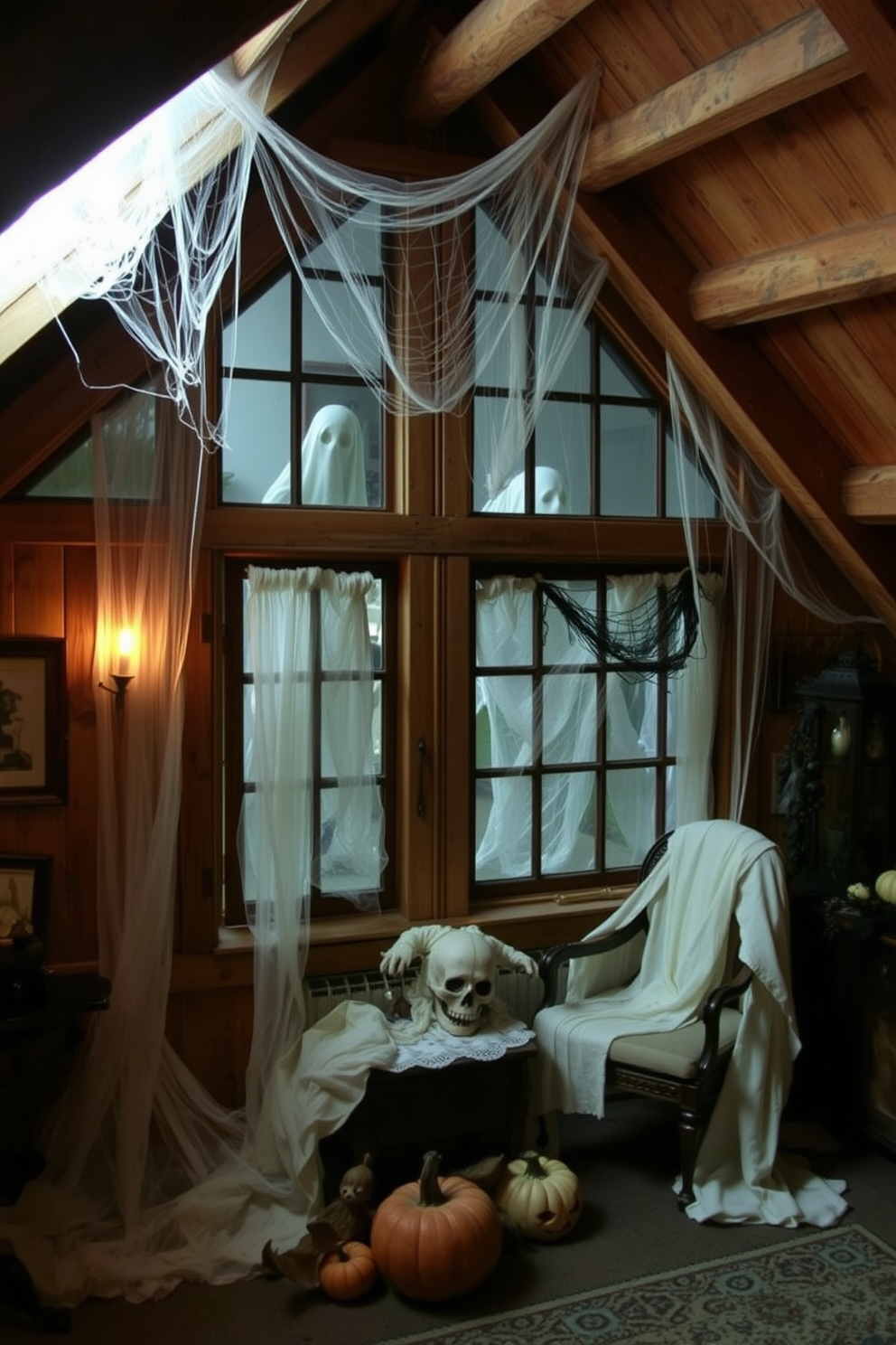 Create a hauntingly beautiful attic scene for Halloween. The windows are adorned with cobwebs and ghostly figures peering out, shrouded in soft white fabric to suggest ethereal presence. Decorate the attic with rustic wooden beams and soft ambient lighting. Include vintage furniture pieces draped with spooky decorations, creating an inviting yet eerie atmosphere.