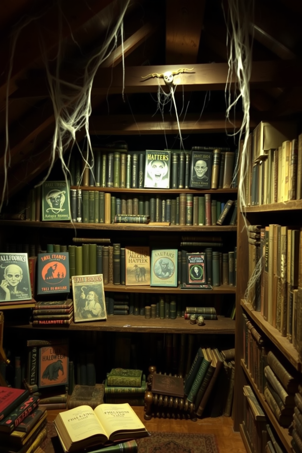A cozy attic space filled with old books featuring spooky covers arranged on wooden shelves. Cobwebs hang in the corners, and dim lighting casts eerie shadows, enhancing the Halloween atmosphere.