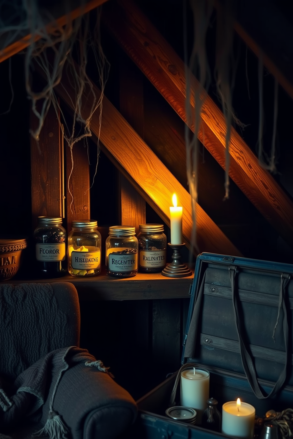 Creepy jars filled with mysterious contents are arranged on a dusty wooden shelf in a dimly lit attic. Each jar features unique labels with unsettling names, and the eerie glow from a nearby candle casts shadows that dance across the walls. For Halloween attic decorating ideas, cobwebs hang from the rafters, and old, tattered fabric drapes over furniture. A vintage trunk is opened to reveal spooky props, while flickering lights create an atmosphere of suspense and intrigue.
