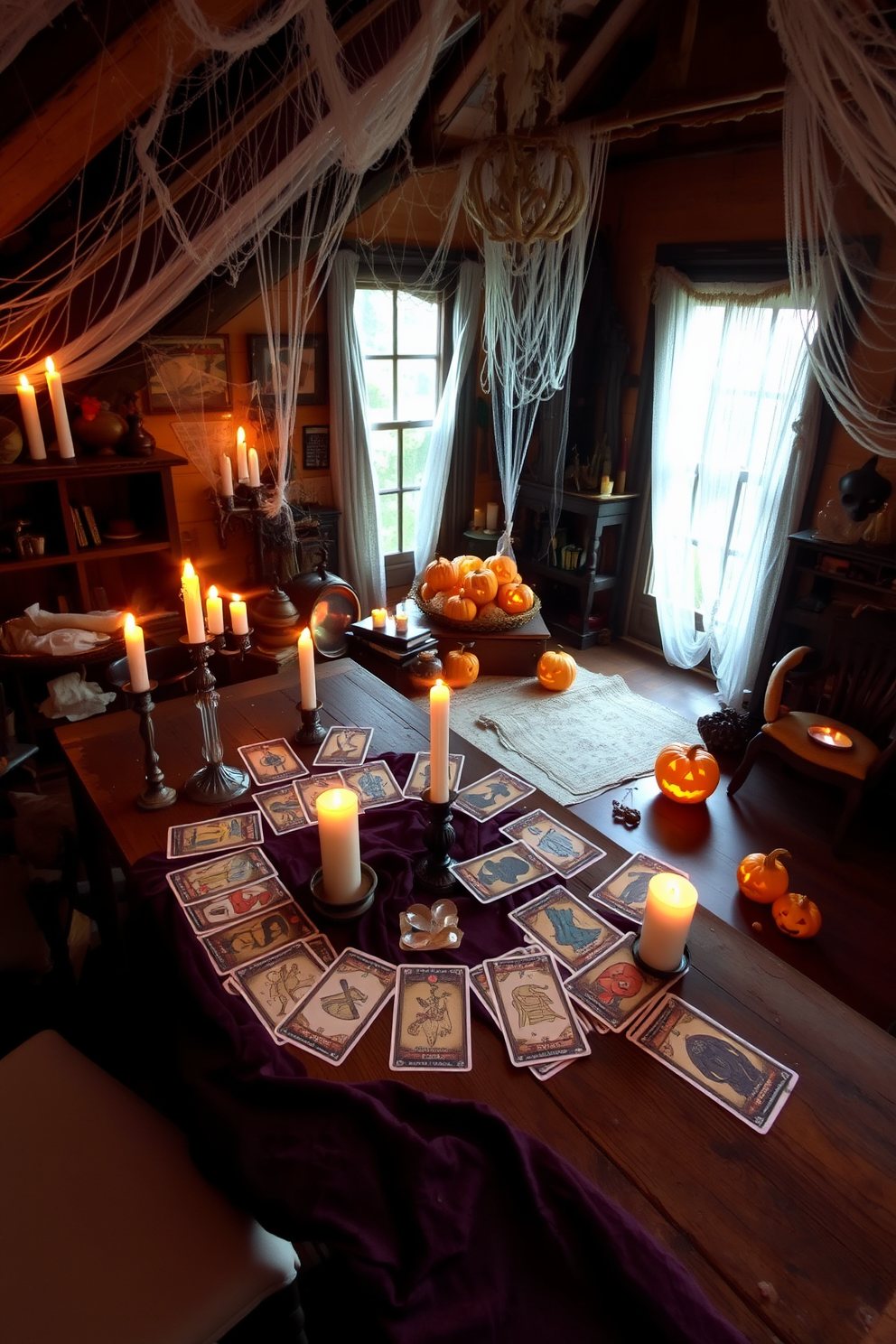 A mystical atmosphere fills the room as tarot cards are spread across a rustic wooden table. Candles flicker softly, casting shadows on the intricate designs of the cards, while a velvet cloth drapes beneath them. The attic is transformed into a whimsical Halloween haven with cobwebs adorning the corners and glowing jack-o'-lanterns scattered throughout. Vintage decorations and spooky accents create an enchanting yet eerie vibe, inviting guests to explore the festive space.
