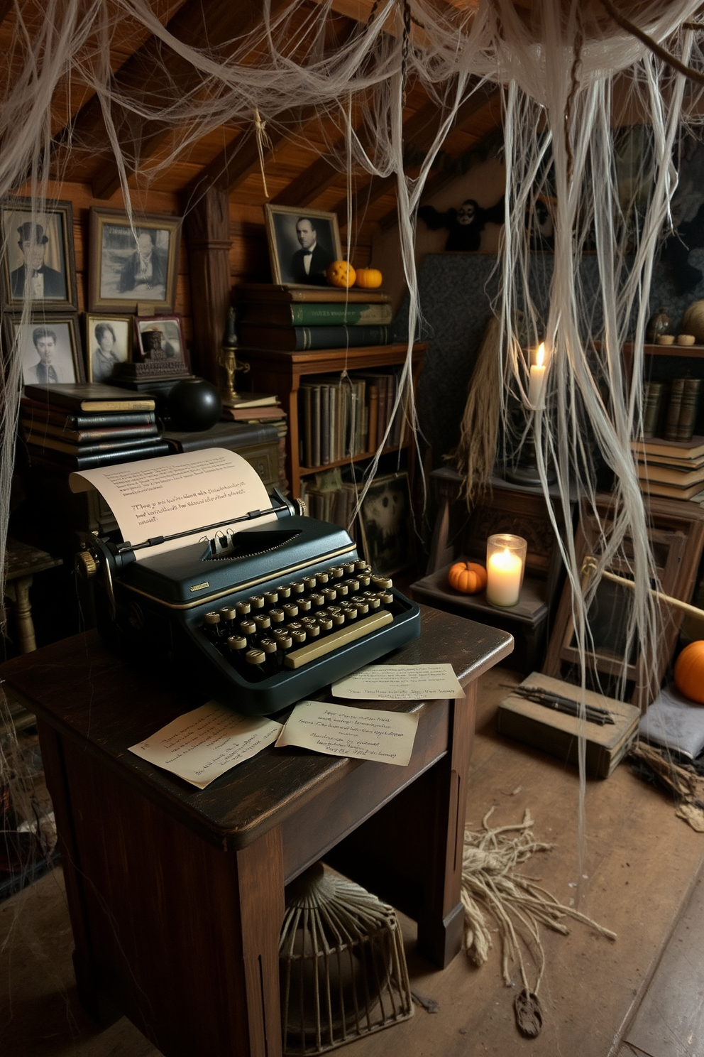 A vintage typewriter sits on a weathered wooden table in an attic filled with cobwebs. Spooky messages are scattered around the typewriter, illuminated by the soft glow of a flickering candle. The walls of the attic are adorned with old photographs and eerie decorations. A collection of dusty books and Halloween-themed props adds to the haunting atmosphere.