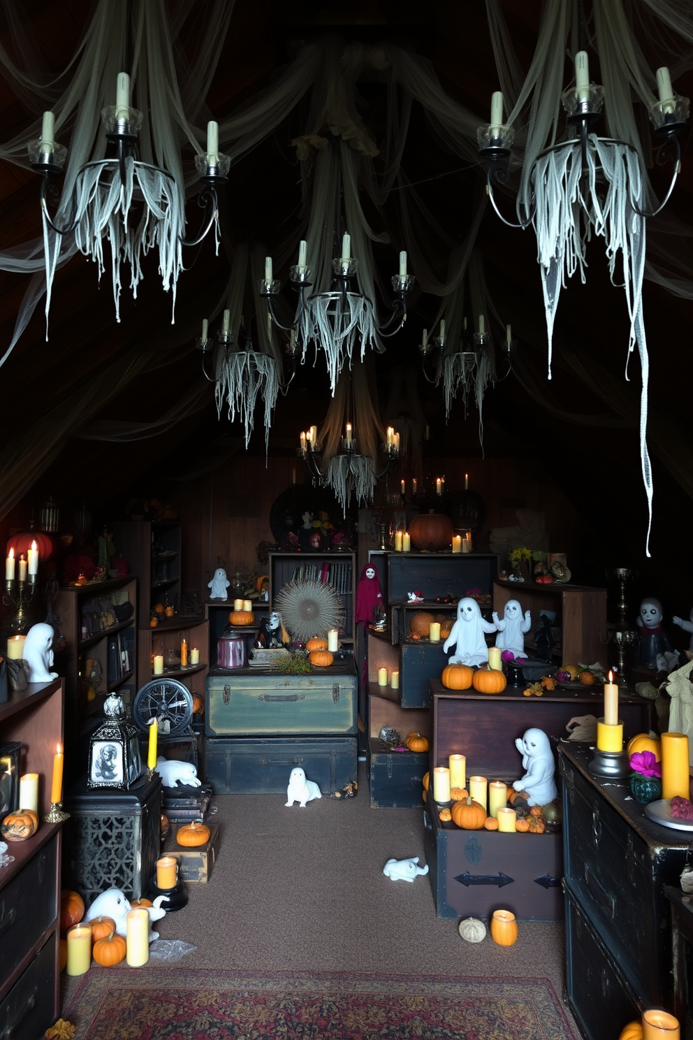 A spooky attic filled with Halloween decorations. Chandeliers adorned with cobwebs hang from the ceiling, casting eerie shadows across the room. Old wooden crates and vintage trunks are stacked in the corners, filled with autumn-themed decor. Flickering candles and ghostly figures create a haunting atmosphere throughout the space.
