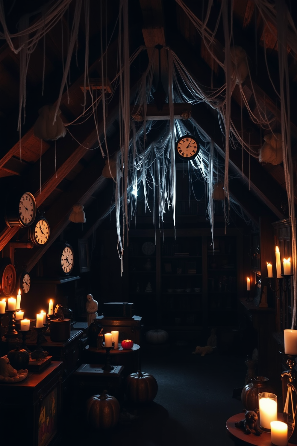An eerie attic filled with old-fashioned clocks ticking ominously. Shadows dance across the walls as cobwebs drape from the ceiling, creating a haunting atmosphere. Rustic wooden beams support the slanted roof, while vintage trunks and dusty bookshelves add to the charm. Flickering candles cast a warm glow, illuminating spooky decorations like carved pumpkins and ghostly figures.