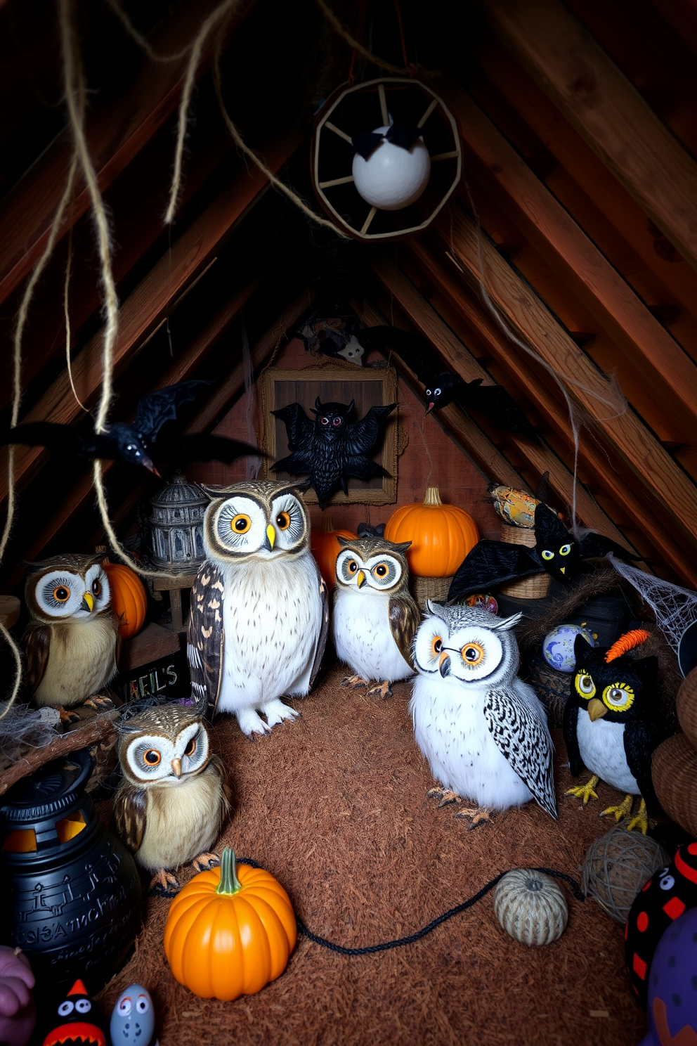 A whimsical Halloween attic scene filled with faux animals such as owls and bats. The space is adorned with cobwebs and spooky decorations, creating an enchanting atmosphere for the holiday.