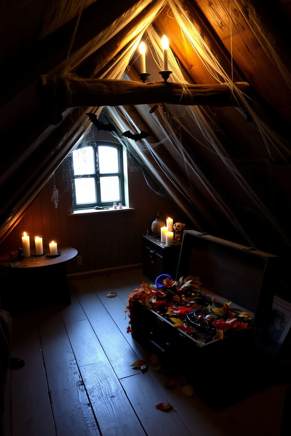 A cozy attic space decorated for Halloween. Dim lighting creates an inviting atmosphere, with flickering candles casting playful shadows on the walls. Rustic wooden beams are adorned with cobwebs and hanging bats. A vintage trunk filled with autumn leaves and spooky decorations sits in one corner, enhancing the festive feel.