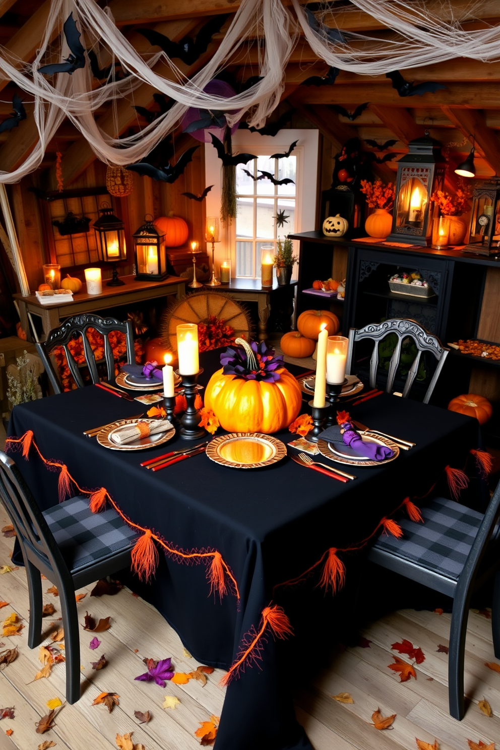 A festive Halloween-themed table setting features a black tablecloth adorned with orange and purple accents. Centered on the table is a vibrant pumpkin centerpiece surrounded by flickering candle holders and whimsical place settings. The Halloween attic is decorated with cobwebs, hanging bats, and vintage-inspired decorations. Spooky lanterns cast an eerie glow, while an assortment of pumpkins and autumn leaves complete the cozy yet haunting atmosphere.