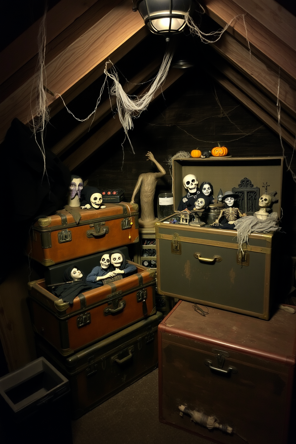 A cozy attic space adorned with vintage trunks filled with eerie props. The trunks are weathered and stacked in a corner, surrounded by cobwebs and dim lighting to create a spooky atmosphere.