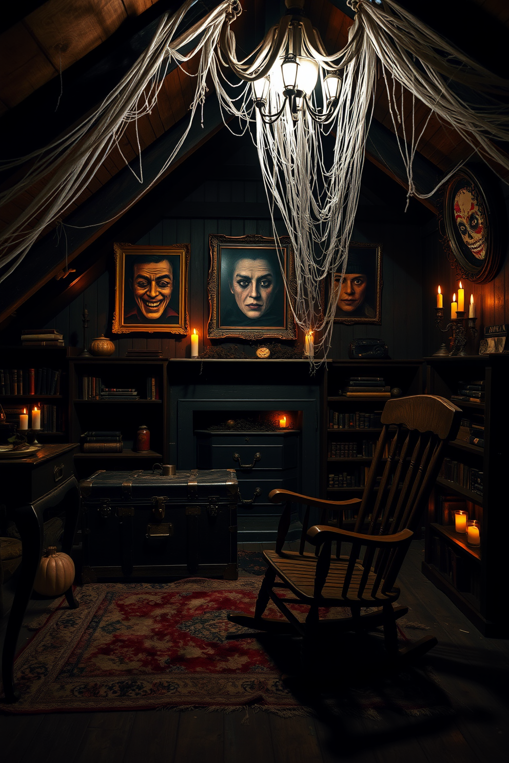 A spooky attic setting adorned with old portraits featuring creepy eyes that seem to follow you. Cobwebs drape from the beams, and dim lighting casts eerie shadows across the room. Vintage trunks and dusty bookshelves add to the haunted atmosphere, while flickering candles create a ghostly glow. A tattered rug lies beneath a rocking chair, enhancing the chilling vibe of this Halloween decor.