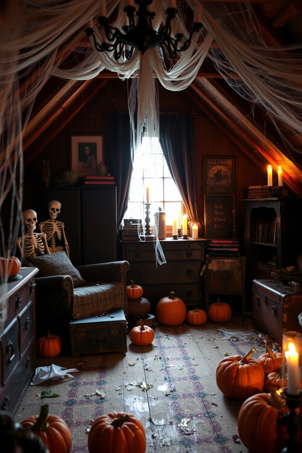 Skeletons peeking from behind vintage furniture create a spooky yet playful atmosphere in the room. The dim lighting casts eerie shadows, enhancing the Halloween spirit throughout the attic. Decorate the attic with cobwebs draping from the ceiling and scattered pumpkins resting on the floor. Vintage trunks and old books add character, while flickering candles provide an inviting glow amidst the haunting decor.