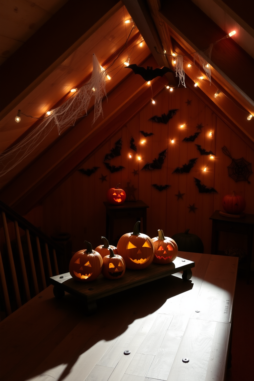 A cozy attic space decorated for Halloween. There are several pumpkins with carved spooky faces arranged on a rustic wooden table, casting playful shadows in the dim light. The walls are adorned with vintage Halloween decorations, including cobwebs and paper bats. A soft, warm glow comes from string lights that drape across the ceiling beams, creating an inviting atmosphere.