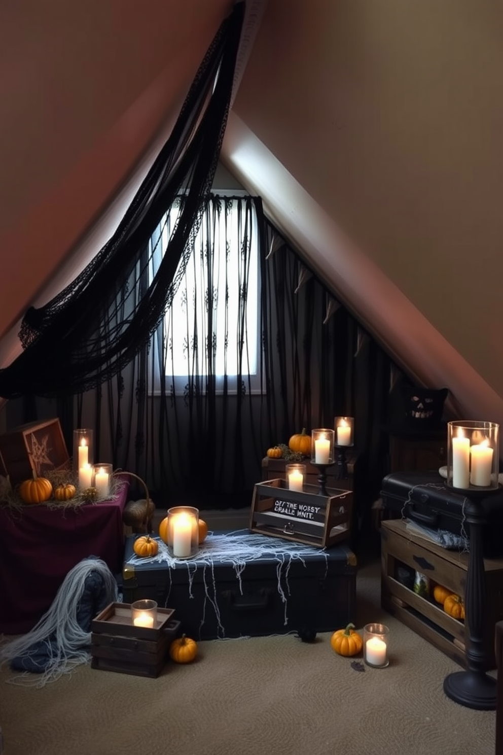A cozy attic transformed for Halloween. Black lace curtains drape from the slanted ceiling, creating a haunting ambiance while allowing soft light to filter through. Vintage trunks and wooden crates are scattered around, filled with seasonal decorations like mini pumpkins and cobwebs. Flickering candles in glass holders add an eerie glow to the space, enhancing the spooky atmosphere.