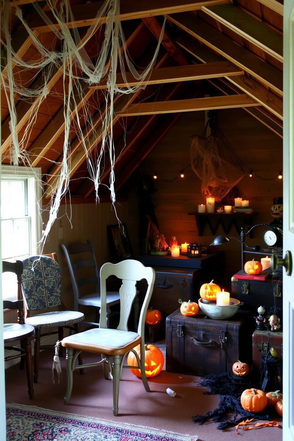 Mismatched antique chairs create an inviting and charming atmosphere in the room. Each chair showcases unique patterns and colors, adding character and warmth to the space. For Halloween, the attic is transformed into a whimsical haunt filled with playful decorations. Cobwebs drape from the rafters while glowing jack-o'-lanterns sit among vintage trunks and eerie candlelight.
