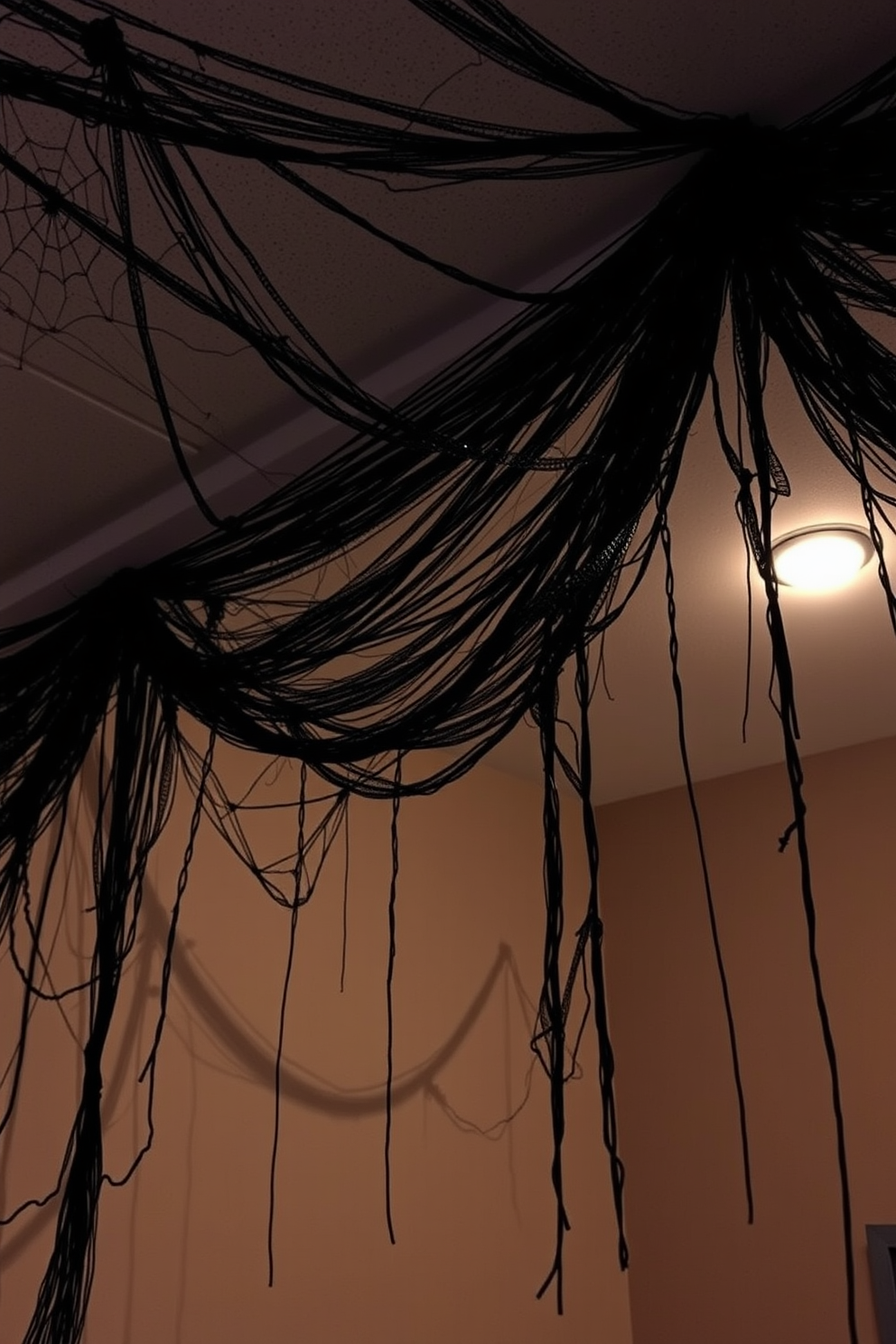 A spooky basement decorated for Halloween features ceiling drapery made of black spider webs that cascade down from the corners. Dim lighting highlights the intricate web patterns, creating an eerie atmosphere perfect for the season.