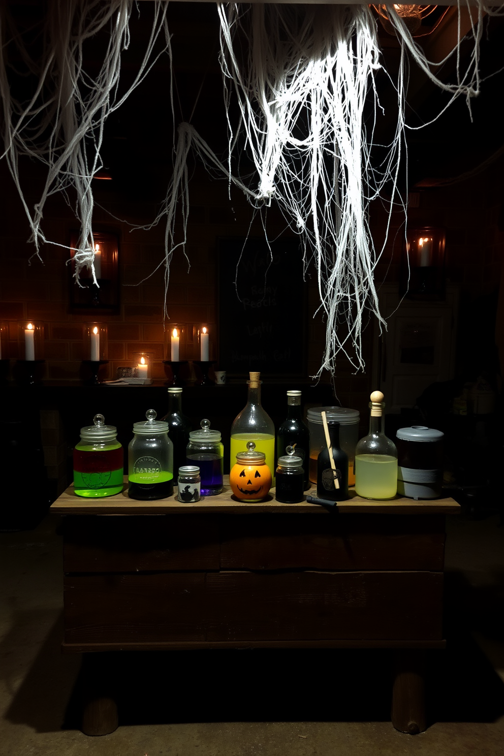 A mysterious potion station is set up in a dimly lit basement. Various jars filled with colorful liquids and eerie ingredients are arranged on a rustic wooden table. Cobwebs hang from the ceiling, adding to the spooky atmosphere. Flickering candles cast shadows on the walls, enhancing the Halloween theme.