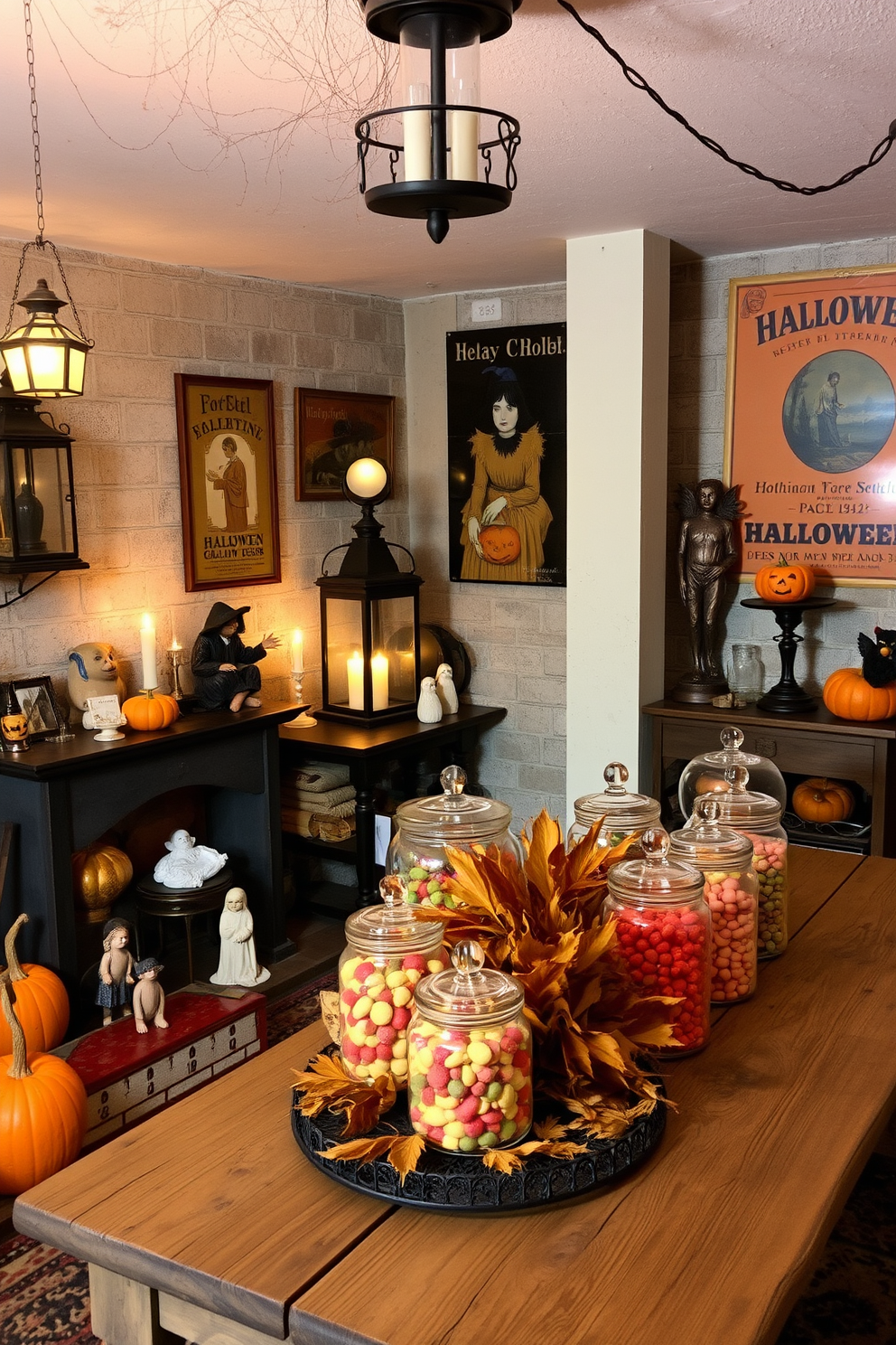 A cozy basement space decorated for Halloween with vintage decor. There are antique lanterns casting a warm glow, and a collection of classic Halloween figurines like witches and ghosts scattered around. The walls are adorned with faded, nostalgic Halloween-themed posters. A rustic wooden table displays an array of vintage candy jars filled with retro sweets and a spooky centerpiece made of dried autumn leaves.