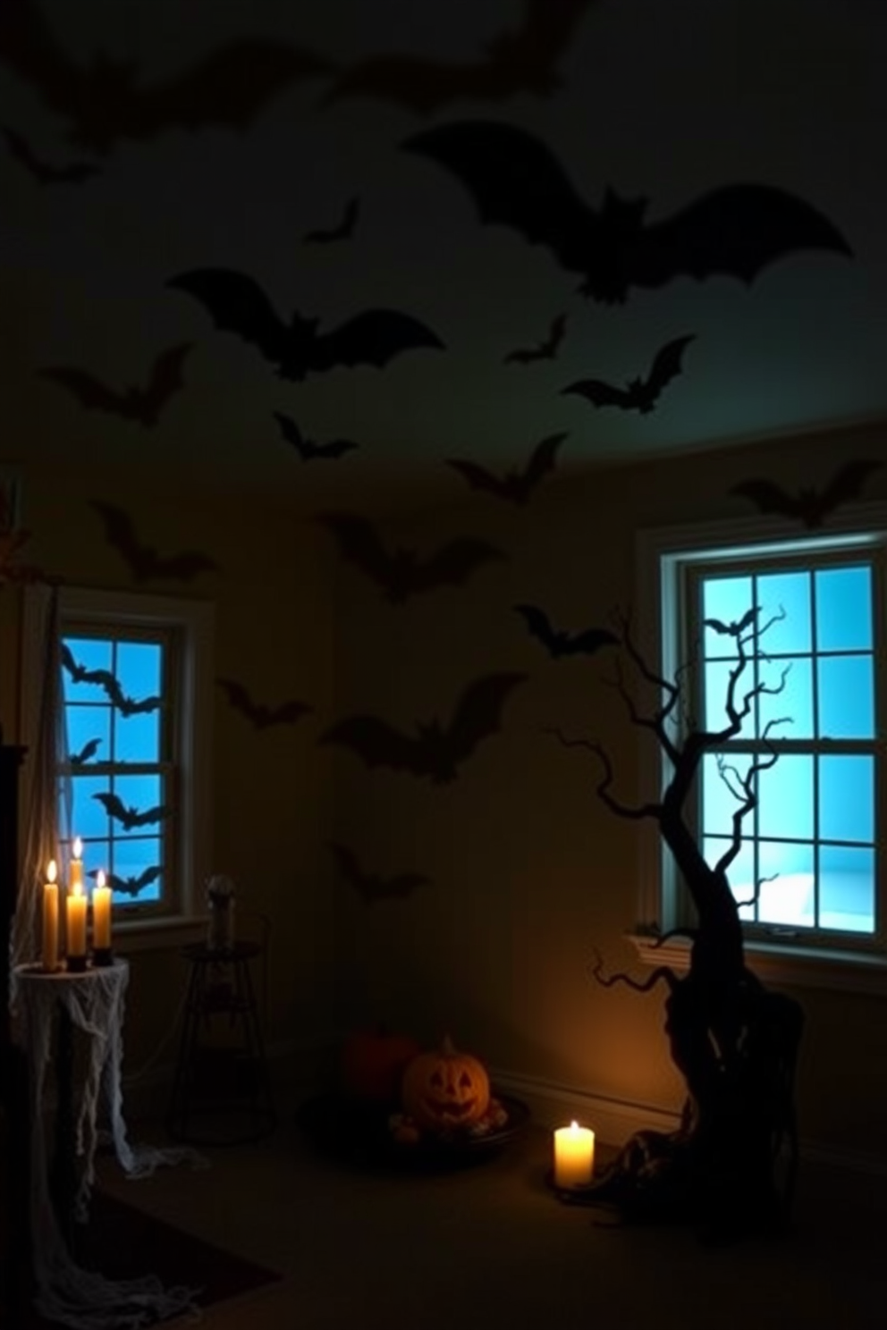 Create a spooky Halloween basement scene featuring large bat silhouettes cast on the walls and windows. The dimly lit space should include eerie decorations like cobwebs, flickering candles, and a few scattered pumpkins to enhance the festive atmosphere.