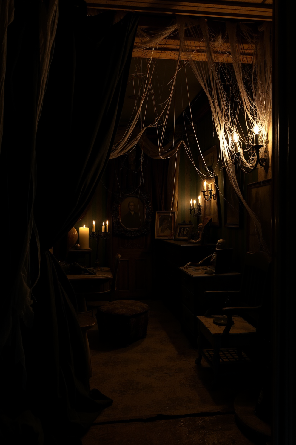 A spooky haunted house entrance features tattered black curtains that billow slightly in the draft. The dimly lit space is adorned with cobwebs and flickering candlelight, setting an eerie atmosphere. The basement is decorated with vintage furniture covered in dust, creating an abandoned feel. Shadows play on the walls, enhanced by strategically placed props like skeletons and old portraits.