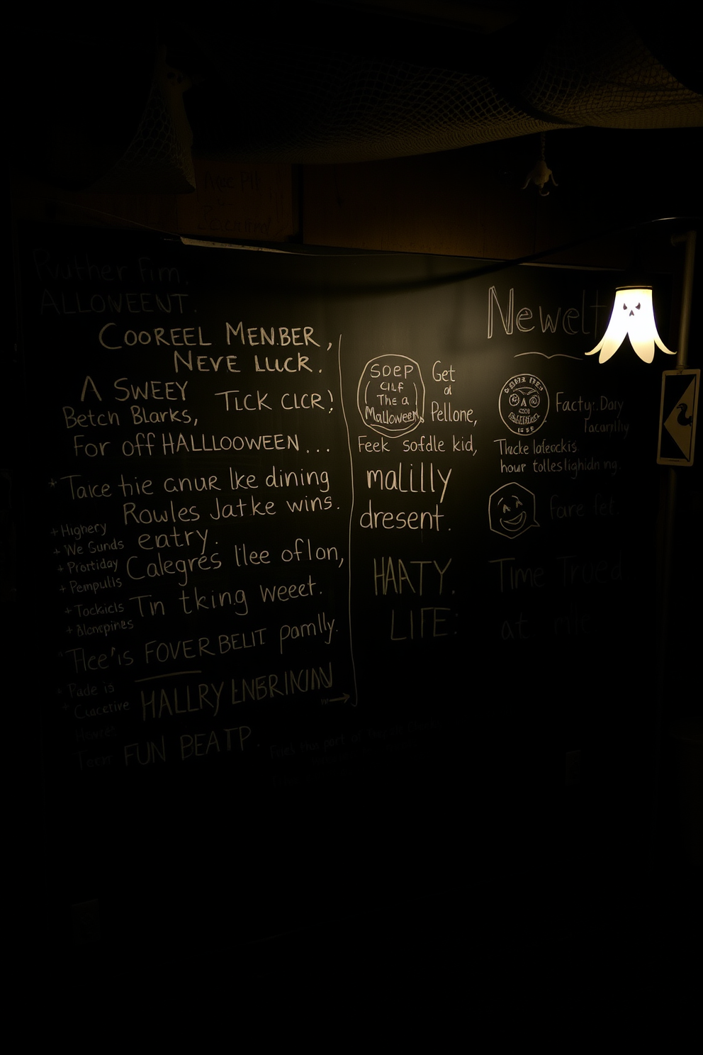 A dark basement with a chalkboard wall covered in spooky messages and eerie drawings. Dim lighting casts shadows around the room, enhancing the Halloween atmosphere with cobwebs and ghostly decorations.