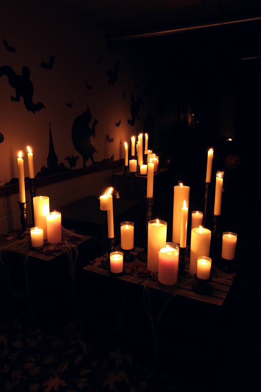 Creepy candle arrangements create an eerie ambiance in a dimly lit basement. Flickering candles of various heights are arranged on old wooden crates, surrounded by cobwebs and scattered autumn leaves. The walls are adorned with shadowy silhouettes and ghostly decorations, enhancing the Halloween theme. Dark, moody colors dominate the space, with a few strategically placed glowing pumpkins to add a touch of warmth.