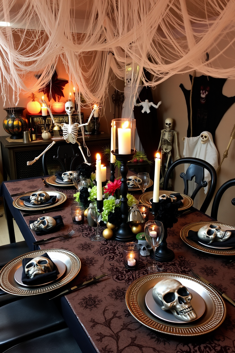 Themed table settings featuring intricate skull designs and seasonal decorations. The table is adorned with dark linens, flickering candlelight, and an array of spooky centerpieces that create an eerie yet elegant atmosphere. Halloween basement decorating ideas that transform the space into a haunted retreat. Cobwebs drape from the ceiling, and strategically placed props such as skeletons and ghostly figures enhance the chilling ambiance.