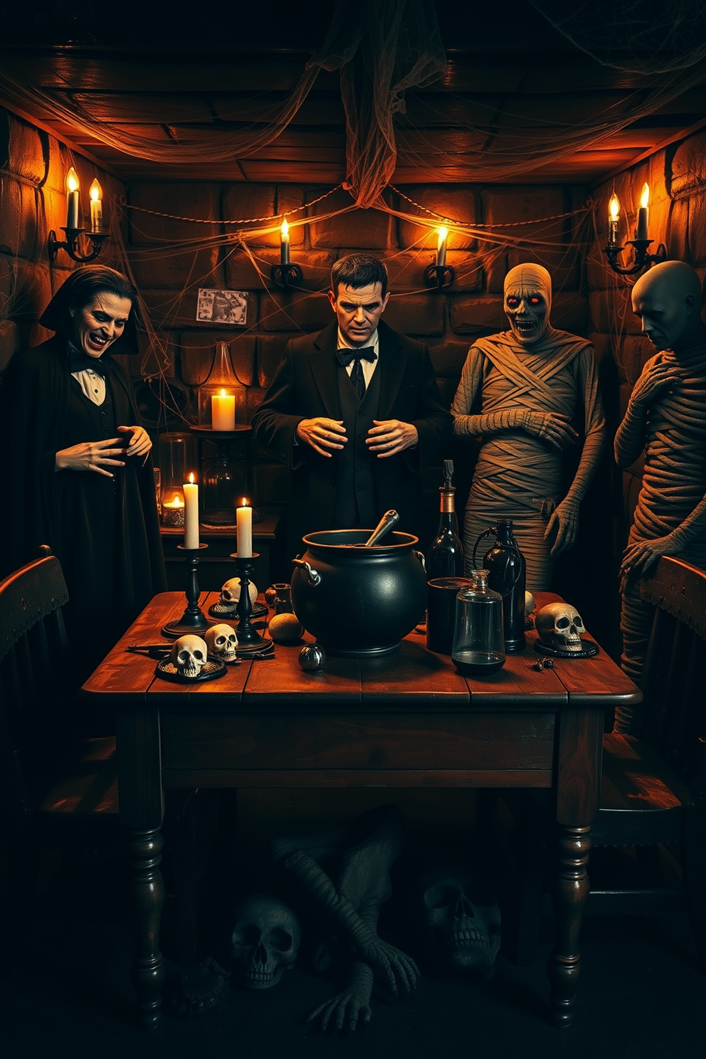 Create a spooky basement setting for Halloween featuring life-sized figures of classic monsters such as Dracula, Frankenstein, and the Mummy. The walls are adorned with cobwebs and dimly lit with flickering candles, creating an eerie atmosphere that captures the essence of Halloween. In the center of the room, a vintage wooden table is set with a cauldron and various creepy props like skulls and potion bottles. Dark, atmospheric music plays softly in the background, enhancing the chilling experience for guests.
