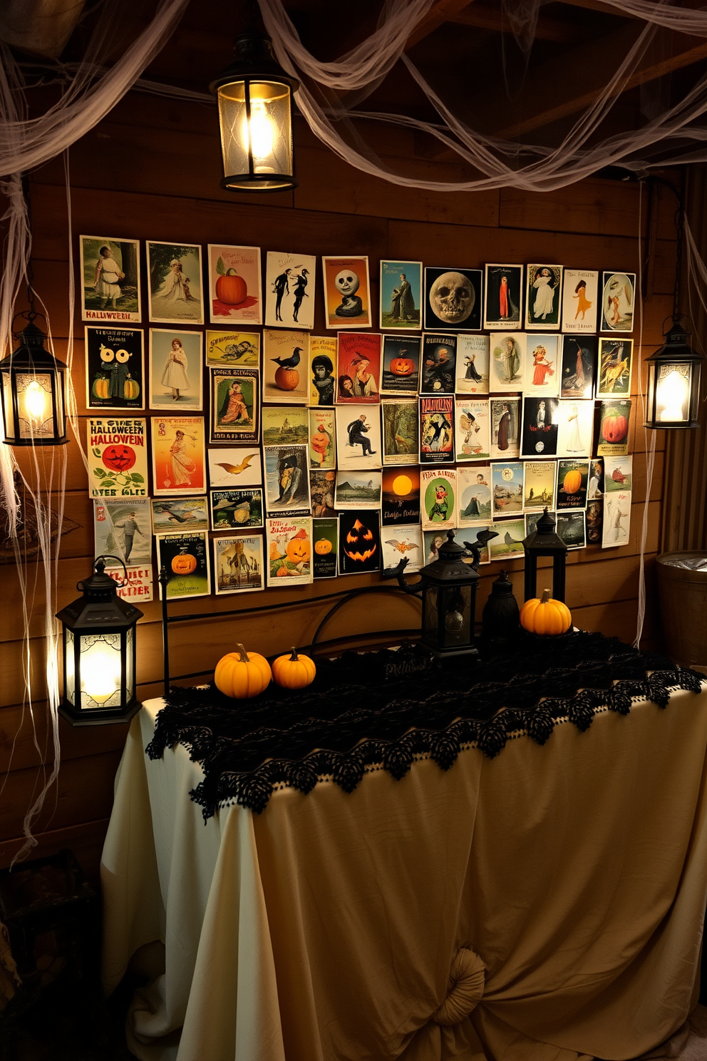A collection of vintage Halloween postcards is artfully arranged on a rustic wooden wall, showcasing nostalgic designs and vibrant colors. Soft, ambient lighting illuminates the postcards, creating a warm and inviting atmosphere. The basement is adorned with cobwebs and dimly lit lanterns, enhancing the spooky vibe of the Halloween theme. A vintage table draped with a black lace cloth serves as a focal point, displaying pumpkins and eerie decorations.