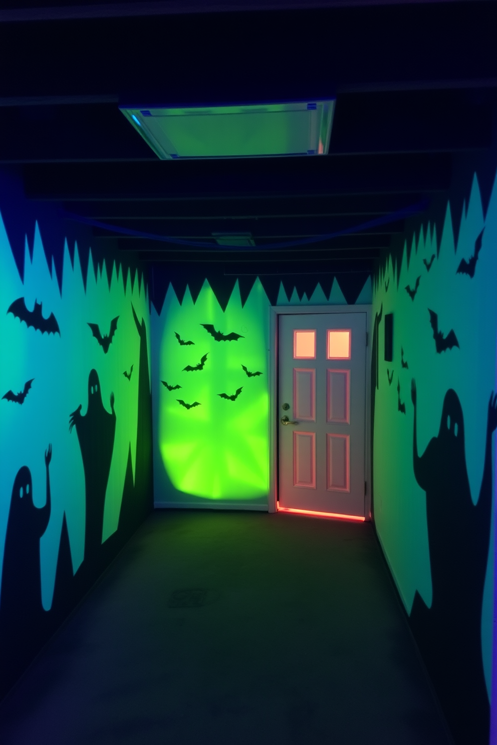 A spooky basement decorated for Halloween with glow in the dark painted walls. The walls are adorned with eerie silhouettes of ghosts and bats that come to life in the dark.