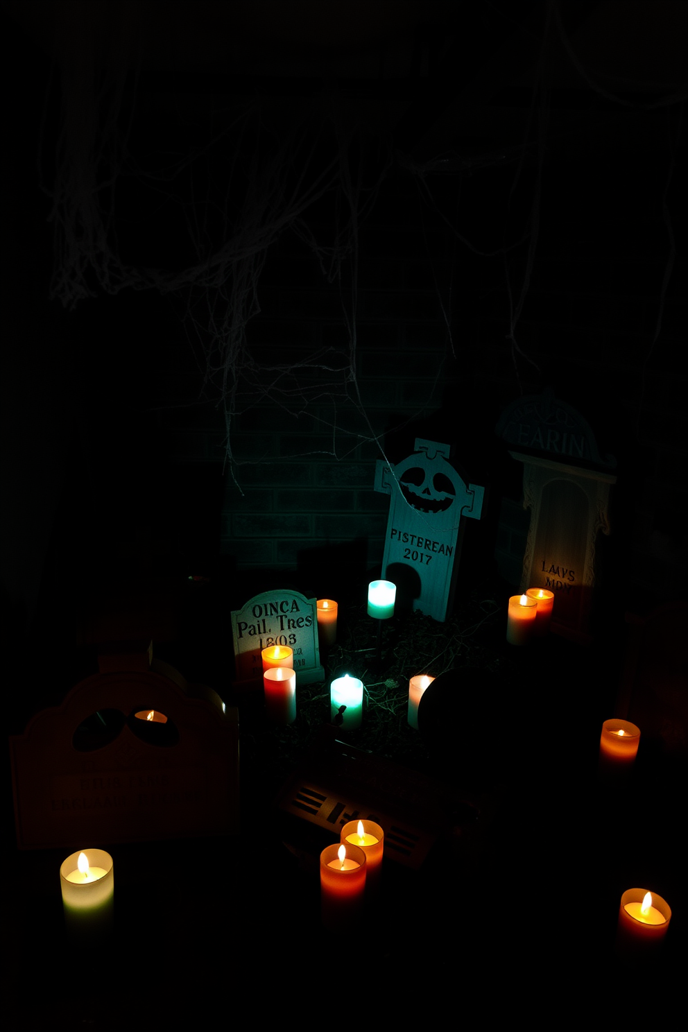 A spooky basement setting for Halloween. Decorative tombstones of various shapes and sizes are scattered throughout the dimly lit space, creating an eerie atmosphere. Cobwebs hang from the ceiling and corners, adding to the haunting vibe. Flickering LED candles illuminate the tombstones, casting shadows that dance across the walls.