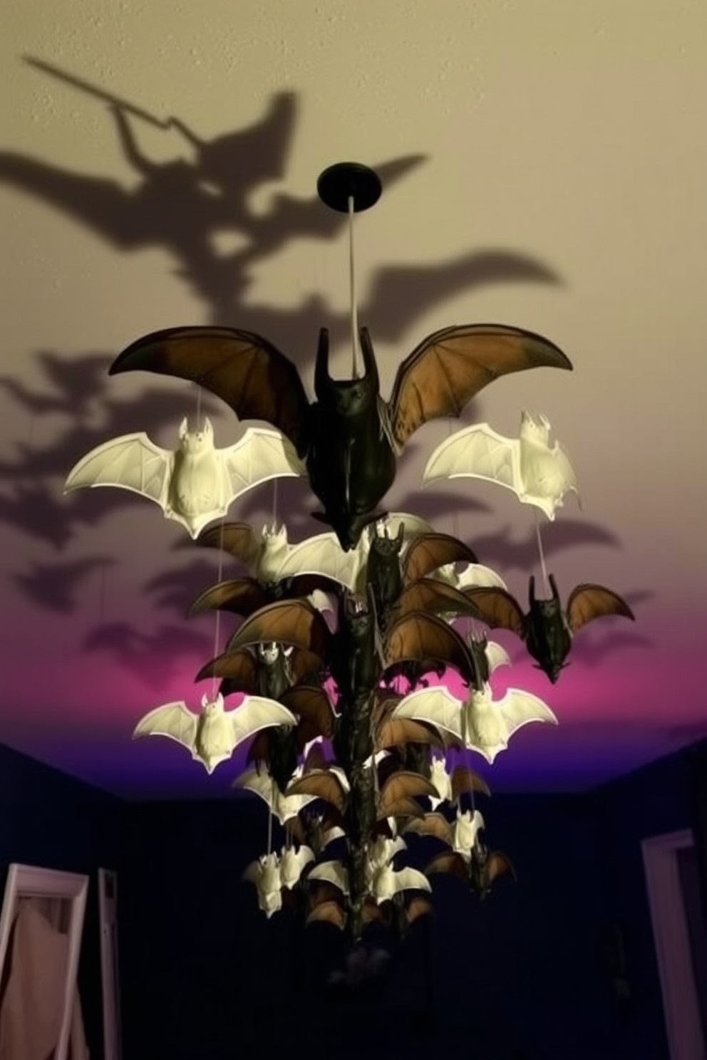 Create a spooky Halloween basement setting with hanging bats suspended from the ceiling. The walls are painted in dark shades, and eerie lighting casts shadows that enhance the haunting atmosphere.
