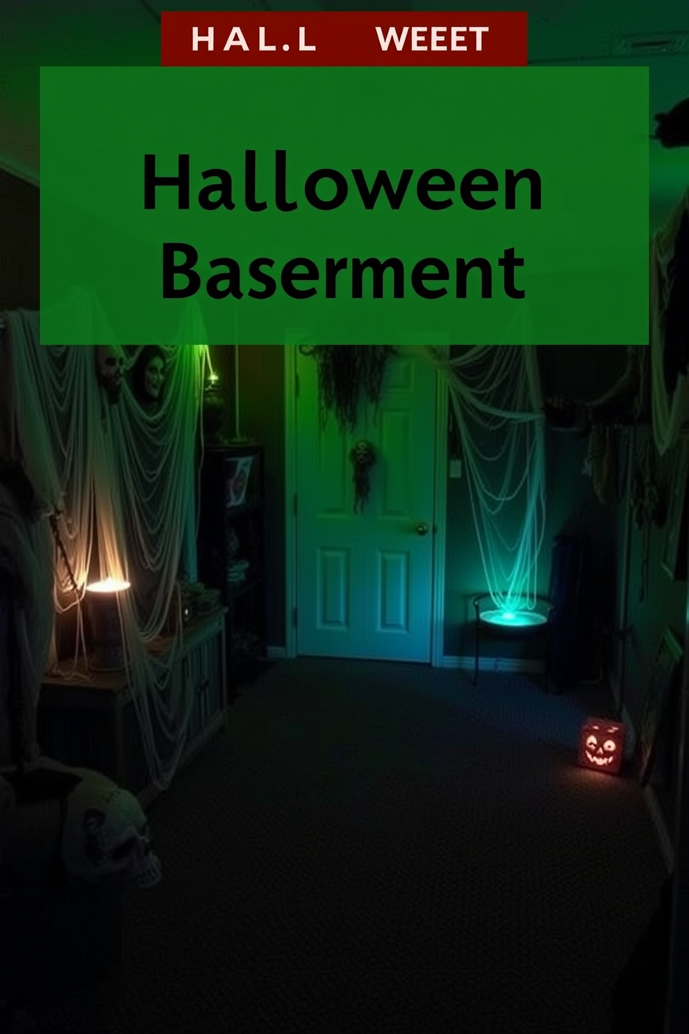Create a Halloween basement that has an eerie atmosphere. Use dim lighting, cobwebs, and spooky decorations to set the mood. Incorporate sound effects like creaking doors, distant whispers, and howling winds. These sounds will enhance the immersive experience for guests exploring the space.