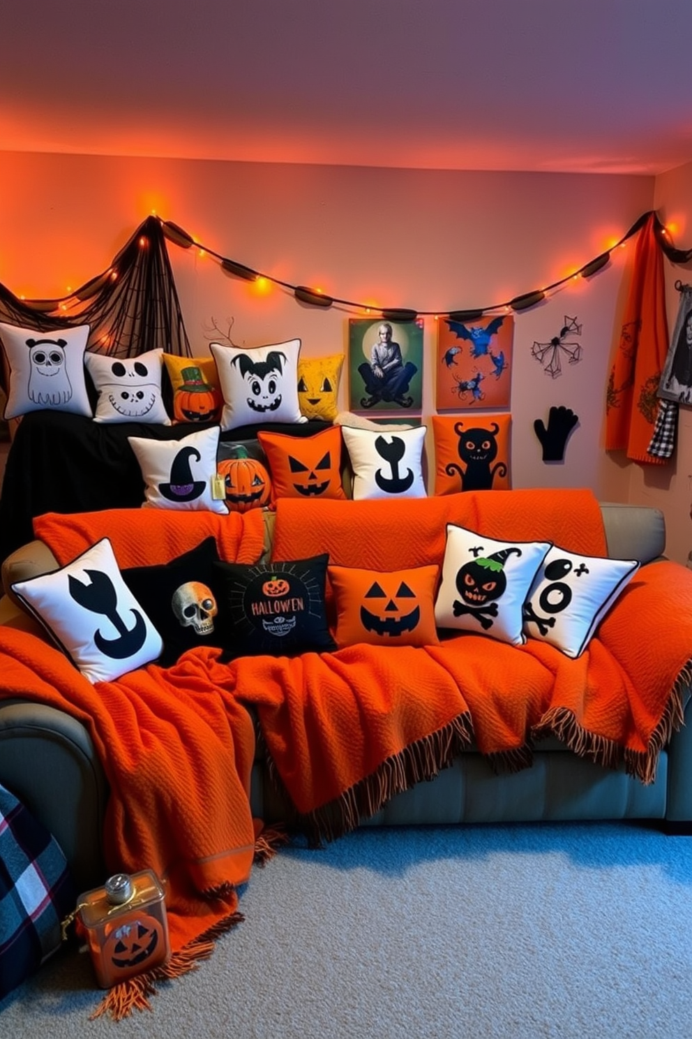A cozy Halloween-themed basement decorated for autumn festivities. The space features an assortment of throw pillows with spooky designs and soft blankets in vibrant orange and black hues. A large, plush sofa is adorned with these Halloween-themed pillows, creating a warm and inviting atmosphere. Dim lighting casts a soft glow, enhancing the playful decorations scattered throughout the room.