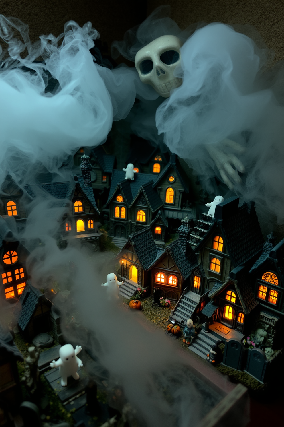 A miniature haunted village display fills the basement with eerie charm. Tiny, intricately designed houses with crooked roofs and flickering lights create a spooky atmosphere. Ghostly figures and miniature tombstones are scattered throughout the scene. Wisps of artificial fog envelop the display, enhancing the haunting effect.