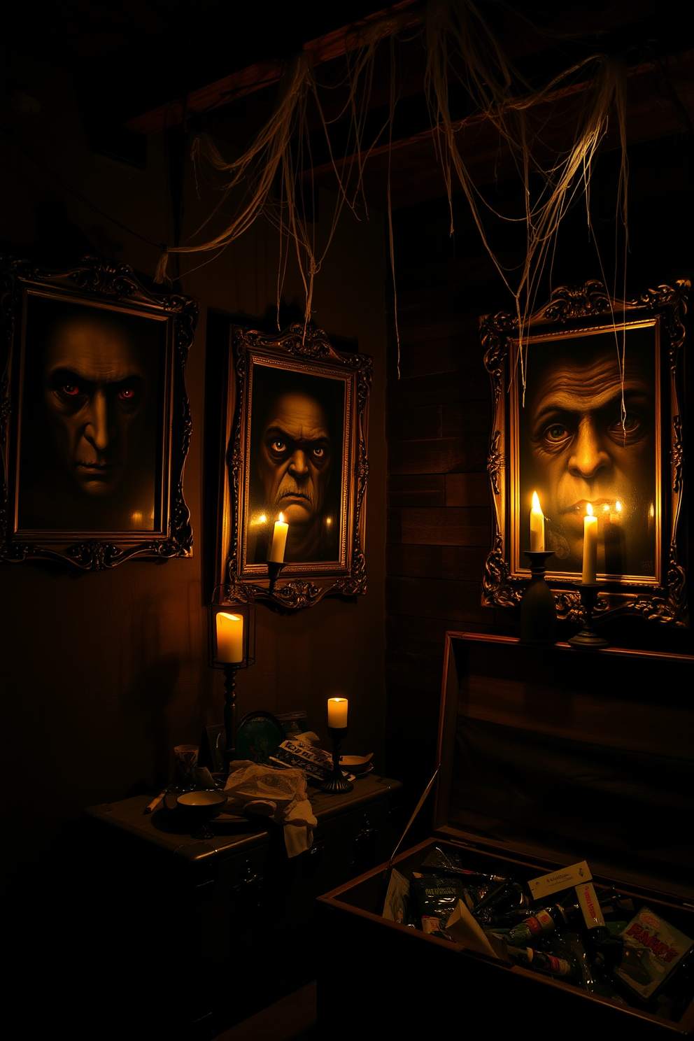 Creepy portraits adorn the dimly lit walls of the basement, each framed in ornate, aged wood. The eyes of the portraits seem to follow you as you move, creating an unsettling atmosphere perfect for Halloween. Cobwebs drape from the ceiling, and flickering candles cast eerie shadows across the room. A vintage trunk sits in the corner, filled with spooky props and decorations to enhance the haunting vibe.