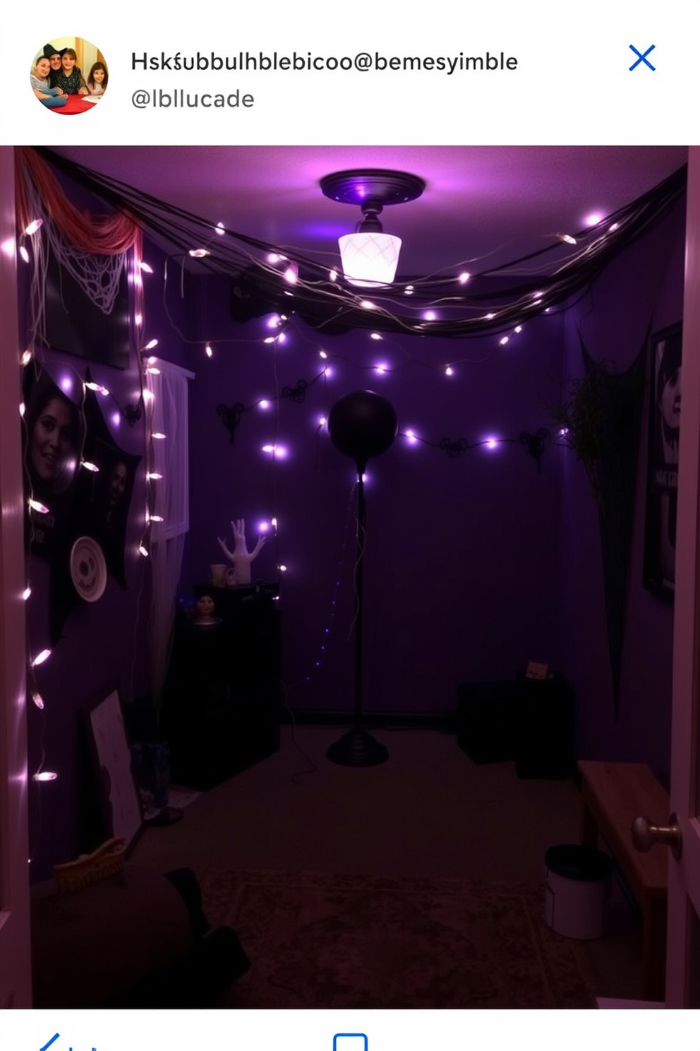 A cozy basement space adorned with dark fairy lights casting a subtle glow throughout the room. The walls are painted in deep shades of purple, with cobwebs and spooky decorations adding to the Halloween atmosphere.