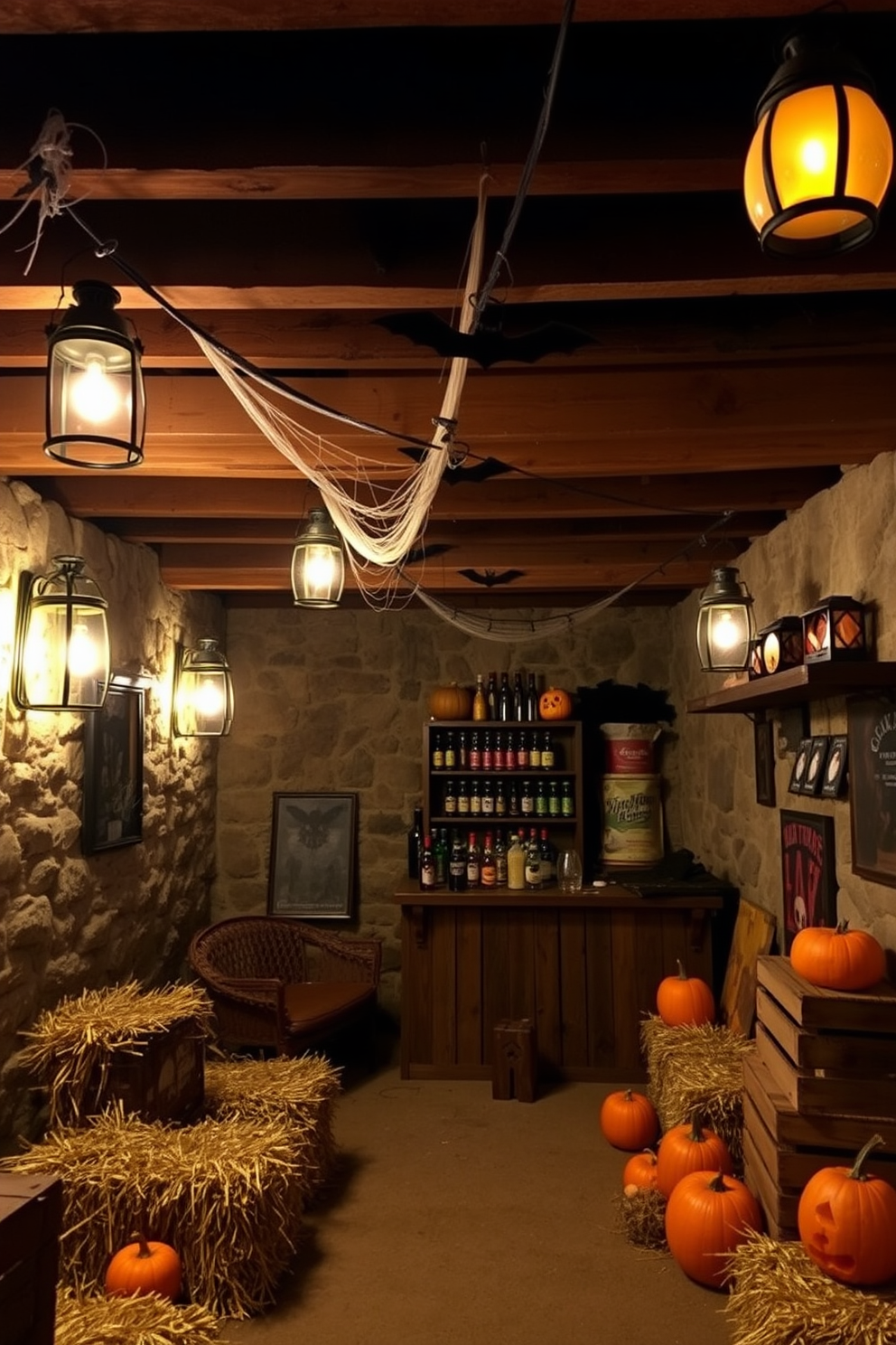 A cozy unfinished basement exuding rustic charm features exposed wooden beams and rough-hewn stone walls. Vintage lanterns cast a warm glow, and hay bales are arranged for seating, creating a perfect gathering spot for Halloween festivities. Spooky decorations hang from the ceiling, including cobwebs and paper bats, while carved pumpkins line the edges of the space. A makeshift bar with rustic wooden crates serves seasonal drinks, enhancing the festive atmosphere.