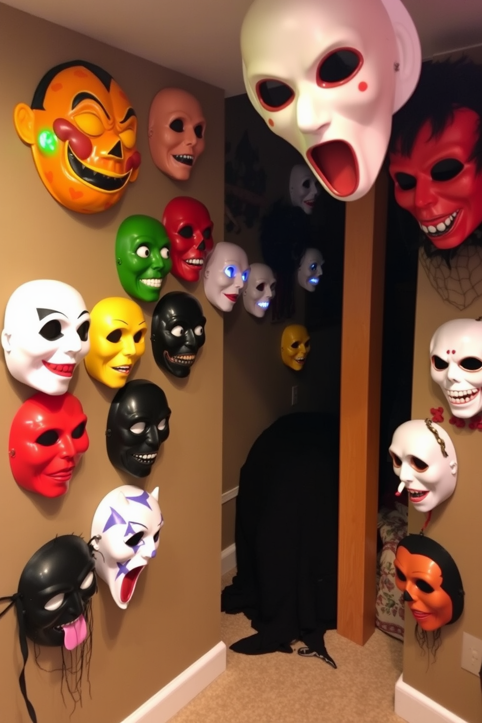 Decorative masks are creatively arranged on the walls, adding a playful and spooky atmosphere to the basement. The masks feature various designs and colors, enhancing the festive Halloween theme throughout the space.