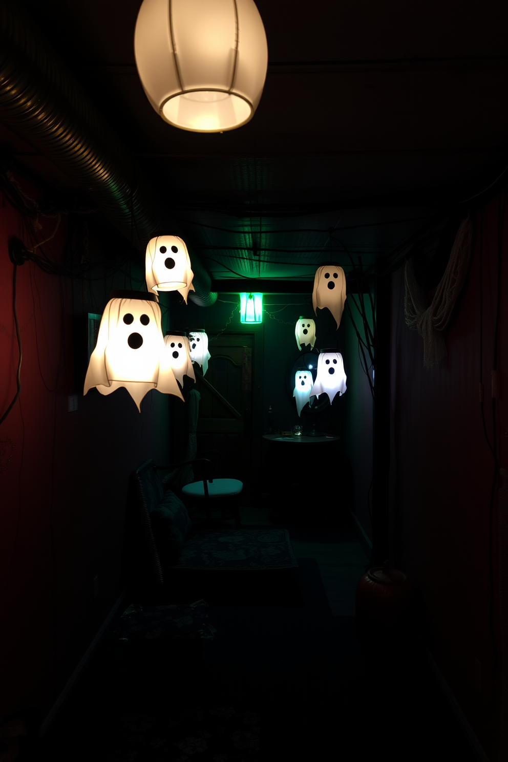 A spooky basement setting perfect for Halloween. The walls are adorned with dark, eerie colors, and hanging ghost lanterns cast a haunting glow throughout the space.