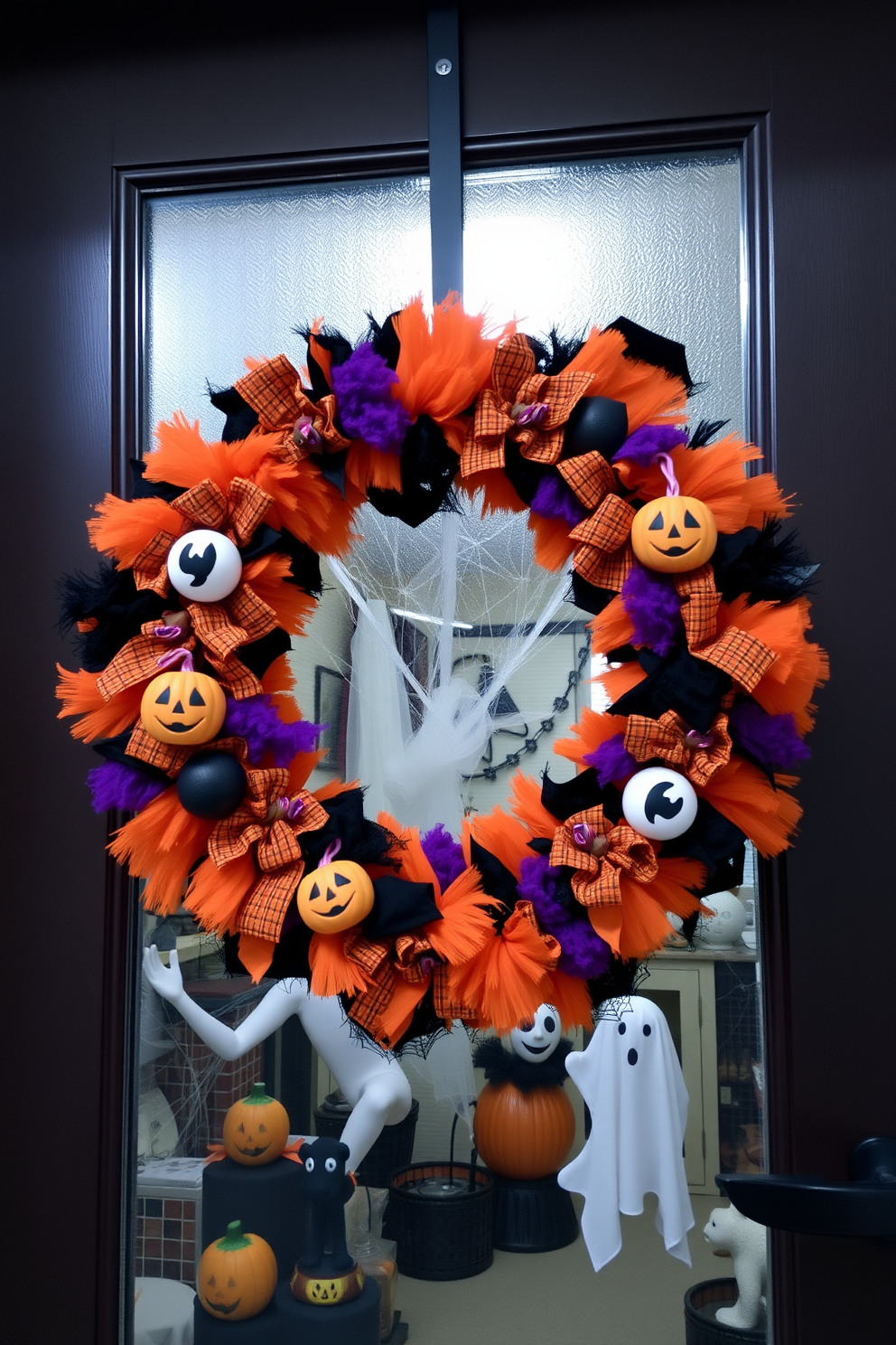 A seasonal wreath adorned with Halloween motifs hangs on the door, featuring vibrant colors like orange, black, and purple. Inside the basement, spooky decorations such as cobwebs, jack-o'-lanterns, and ghostly figures create a festive atmosphere for Halloween gatherings.